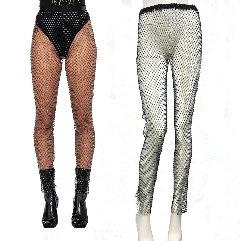 Crystal Mesh Diamante Shiny Woman Pants Summer New Fashion Fishnet Legging Hollow Mesh Pants Festival Party Streetwear Trousers