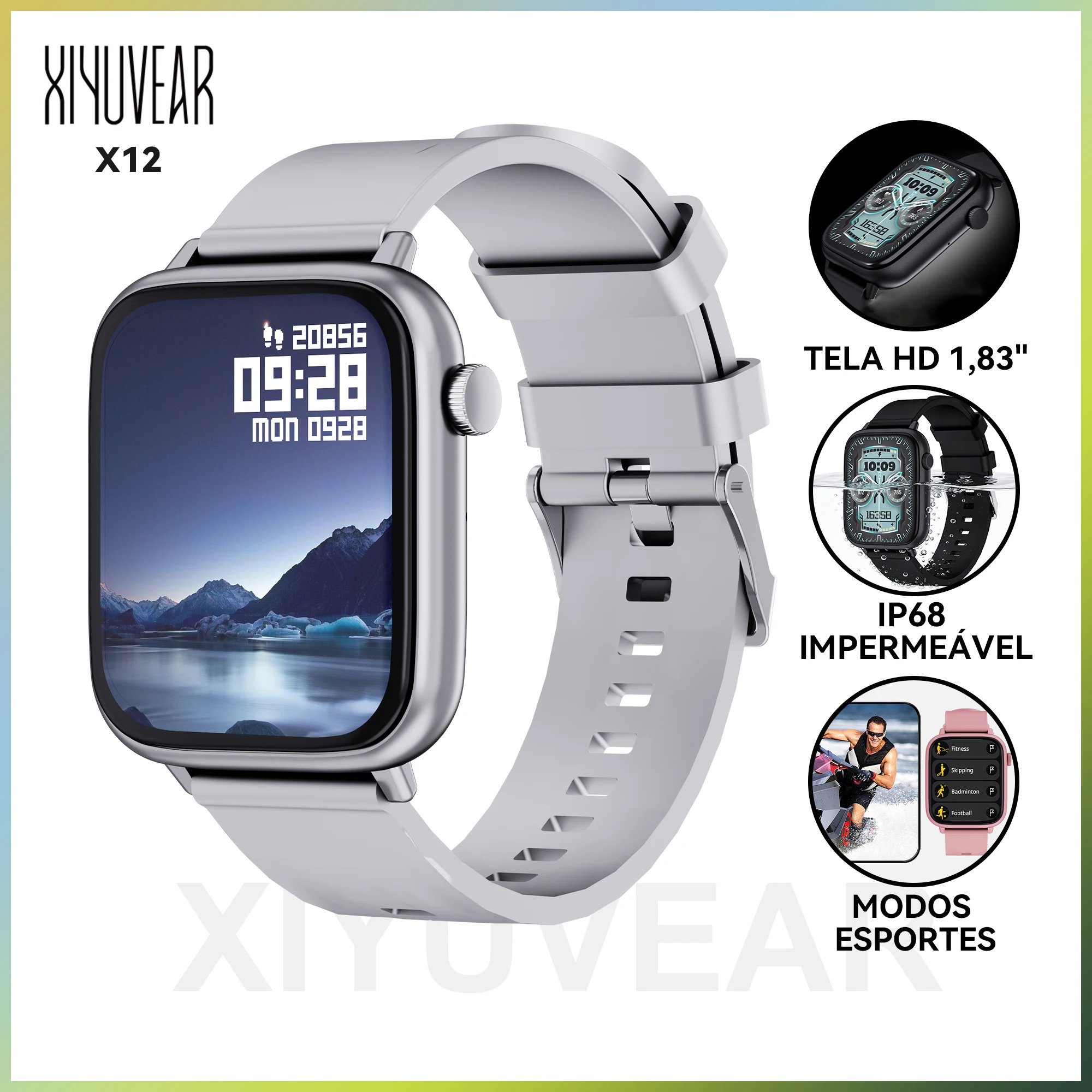 XIYUVEAR X12 Smartwatch Tela Touch de 1,83" Calculadora Modos Esportivos Mensagens Chamadas Para Android IOS Homens Mulheres