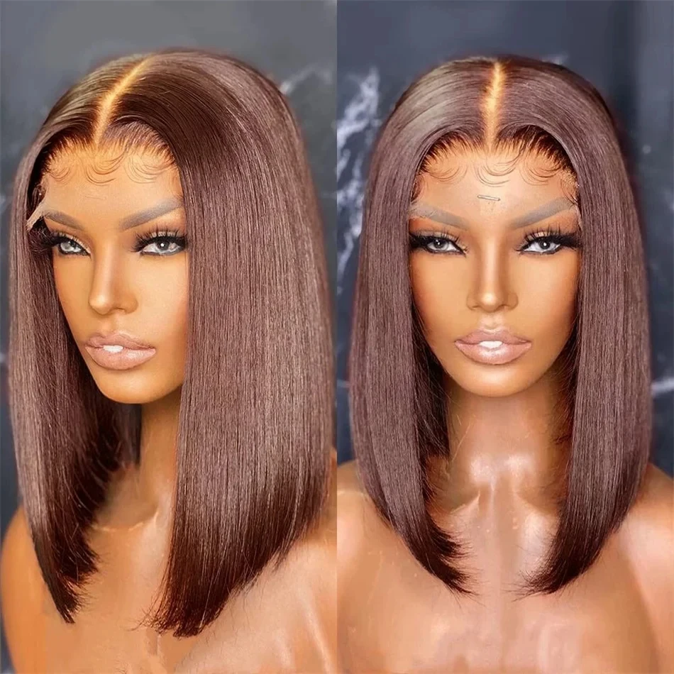 Perruque Bob Lace Front Naturelle, Cheveux Courts et Lisses, Couleur Brun Chocolat, 13x4, pour Femme