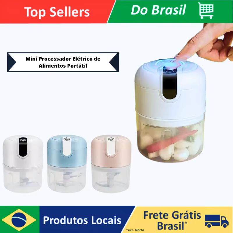 Mini Processador Elétrico de Alimentos Portátil com 3 lâminas de aço inox USB 250 ml Bivolt