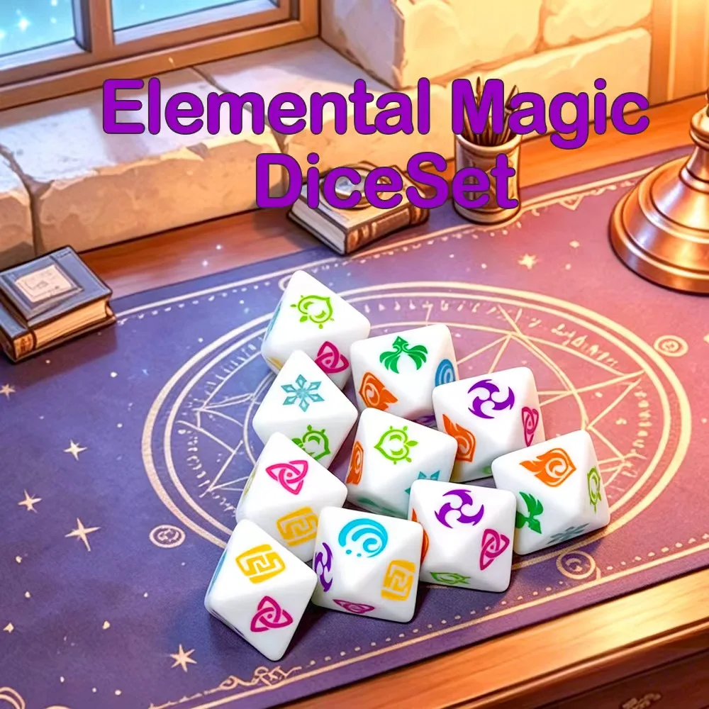 10pcs Magic Element Dice Set-White Polyhedral RPG Dice with Colorful Fantasy Symbols, DND Dice of Dungeons and Dragons, Desktop