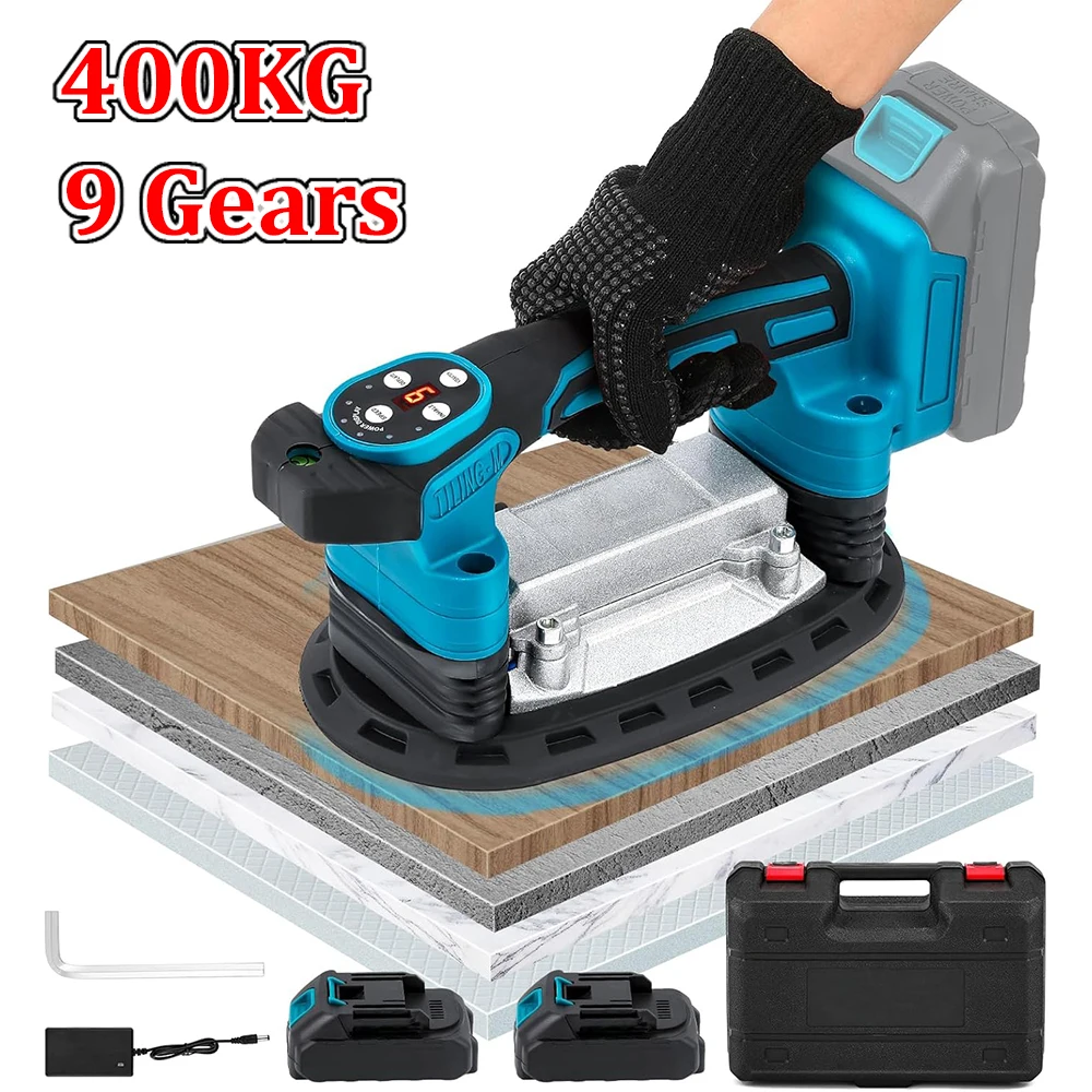 Machine à carreler sans fil 400 kg, vibrateur de carreaux à ventouse, 9 vitesses, outil de nivellement de sol avec 2 batteries