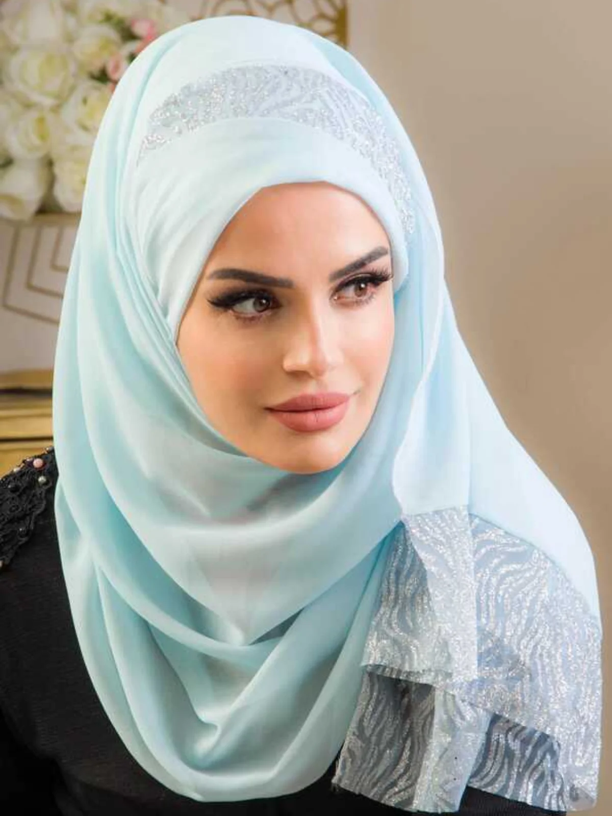 Sequined Evening Dress Double Shawl, Stylish Headscarf Clothing Woman Comfortable Standard Turkish Arabic Fashion