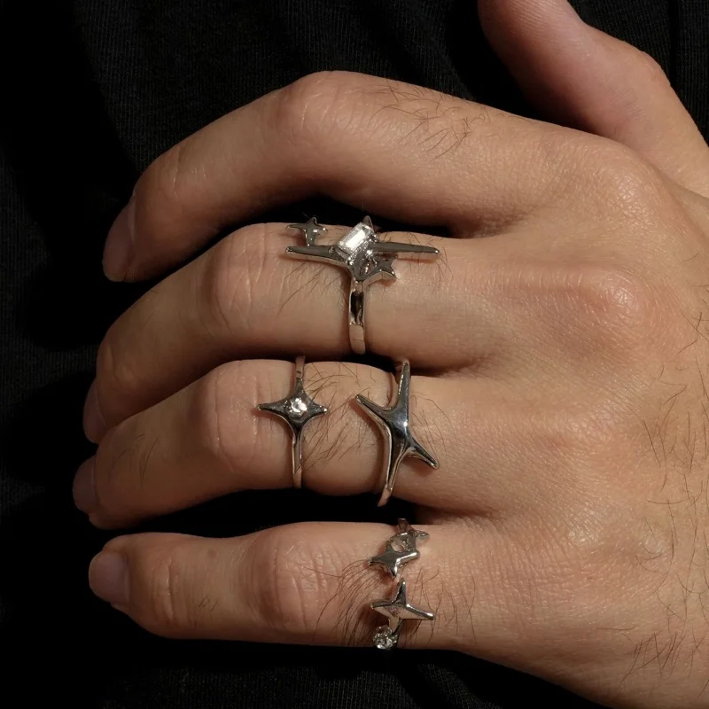 4Pcs Y2K Star Ring Set, Silver Four pointed Star Imitation Crystal Open End Ring, Punk Hip Hop Aesthetic Jewelry