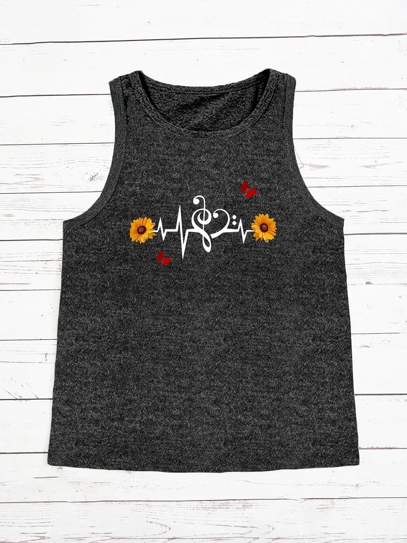 Heartbeat Feeling Butterfly Sunflower  Fashion Funny Sports Women's Tank Top Loose O Neck Sleeveless Casual Tank