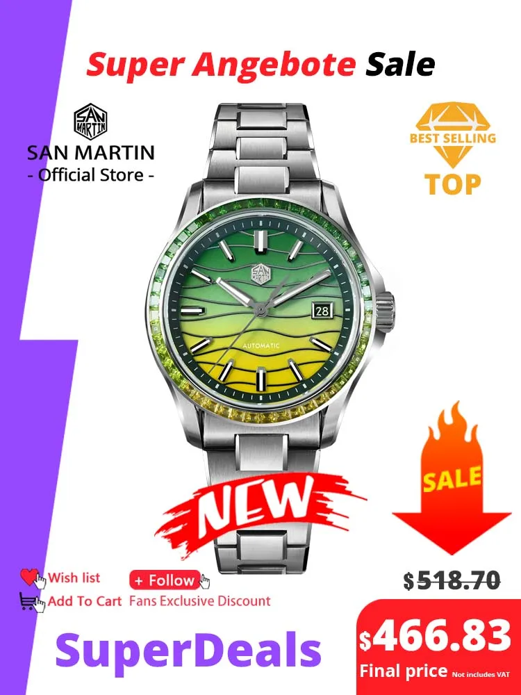 Reloj mecánico automático para hombre San Martin, modelo oficial, con bisel de piedras preciosas de lujo, esfera con incrustaciones de nácar, movimiento Miyota 9015, 39 mm, resistente al agua, SN0150.