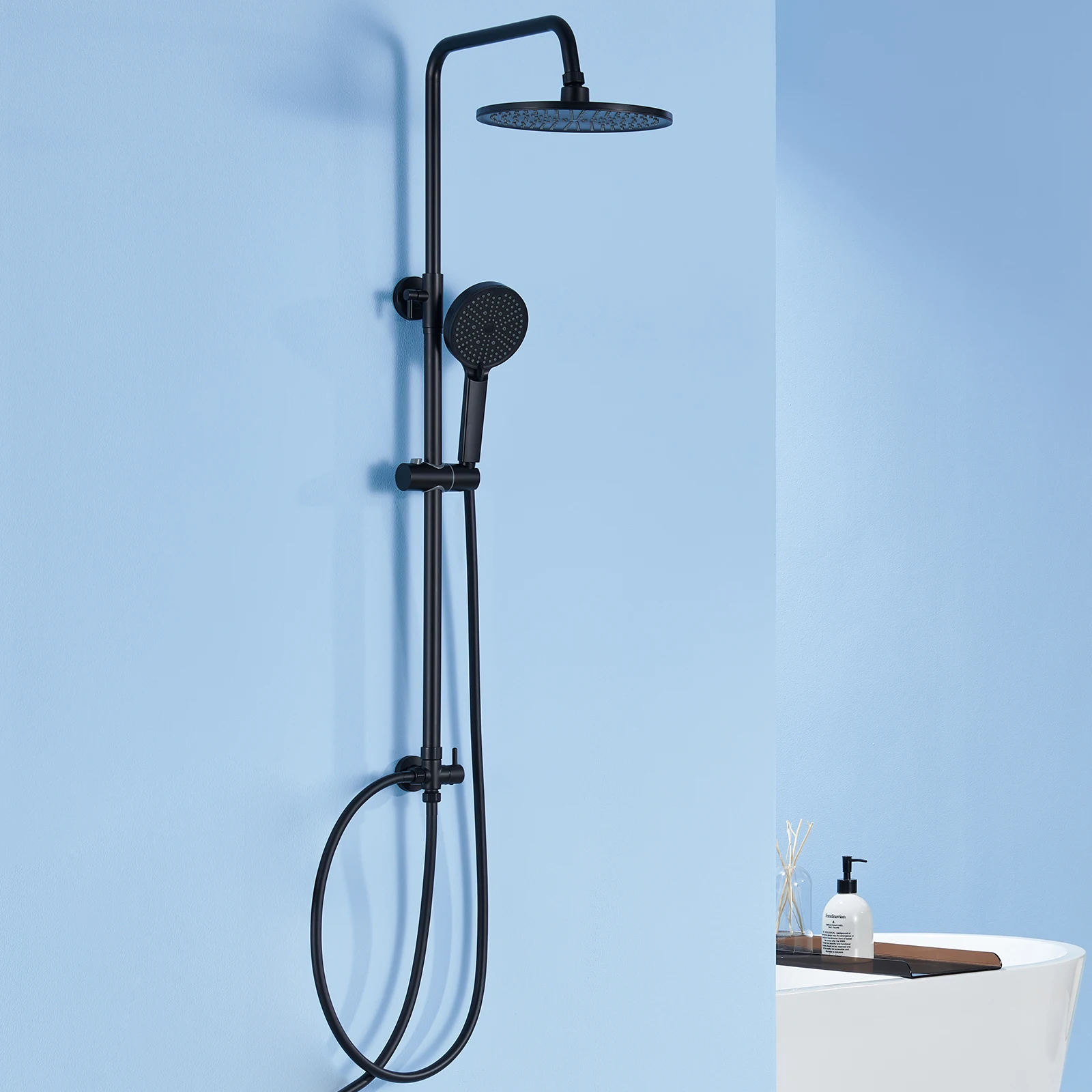 Ensemble de barre de douche réglable, douche de tête 25 cm + douchette 4 jets rond, noir, installation facile, barre de douche