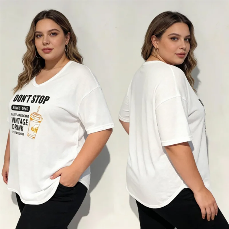 

Большой размер 40-150 кг, женская футболка большого размера с кофейным принтом, повседневная мягкая хлопковая свободная футболка с короткими рукавами и графическим принтом, летняя футболка