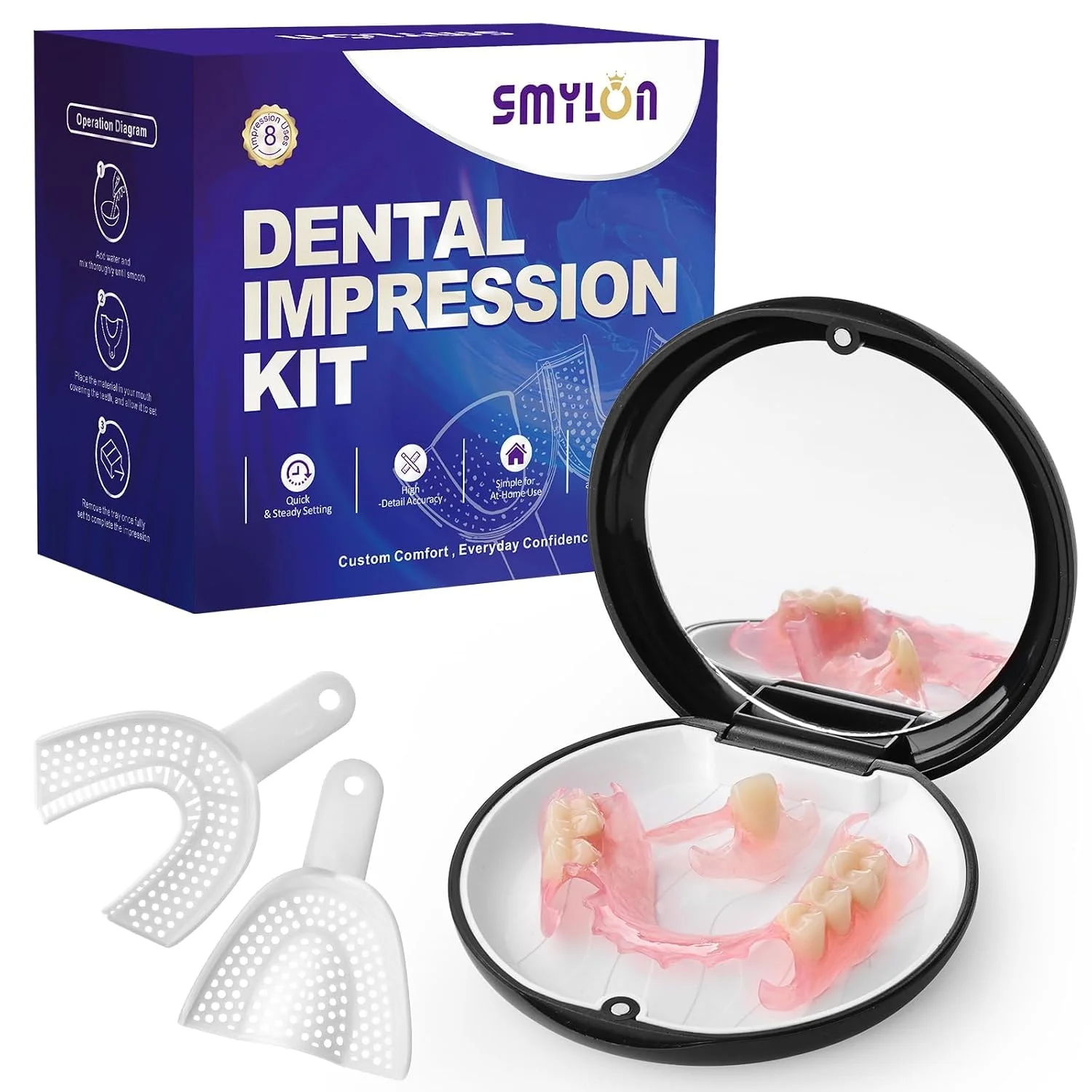 SMYLON Custom Removable False Teeth for 1-8 Missing Teeth, Flexible Partial Denture with Home Impression Kit Included for Adults
