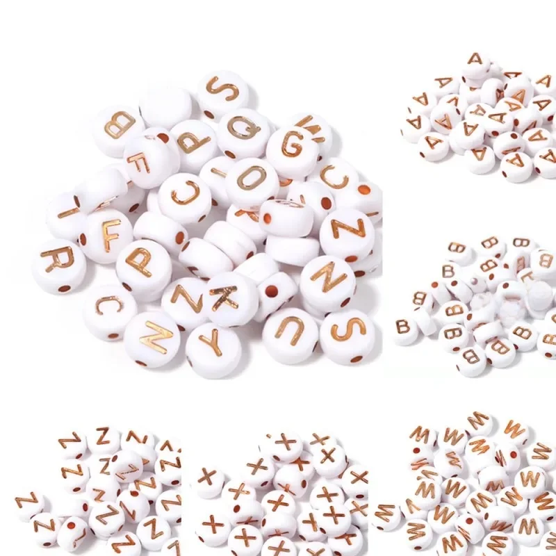 Perles Rondes et Plates de 7mm en Acrylique, Lettres de l'Alphabet en Or Rose, pour Bijoux, Résultats de Direction, Bracelet à Faire Soi-Même, Boucles d'Oreilles, Cadeau, 100 Pièces