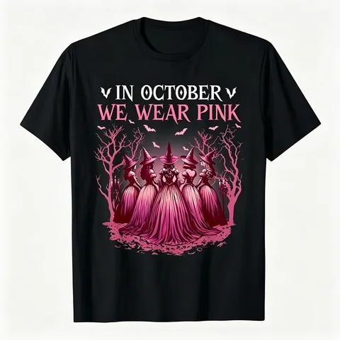In October We Wear Pink Witch Graphic T‑Shirt, Halloween Pink Witch Bats Forest Print Short Sleeve Tee, Breast Cancer Awareness Casual T‑Shirt for Women