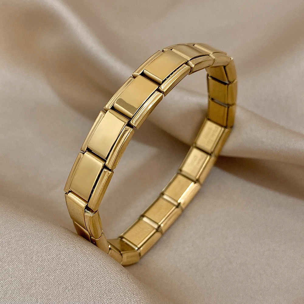 Italienisches Charm-Starter-Edelstahlarmband für Damen und Herren, dehnbares Armband, modulare Gliederkette, goldfarbener Armreif – Detail 2
