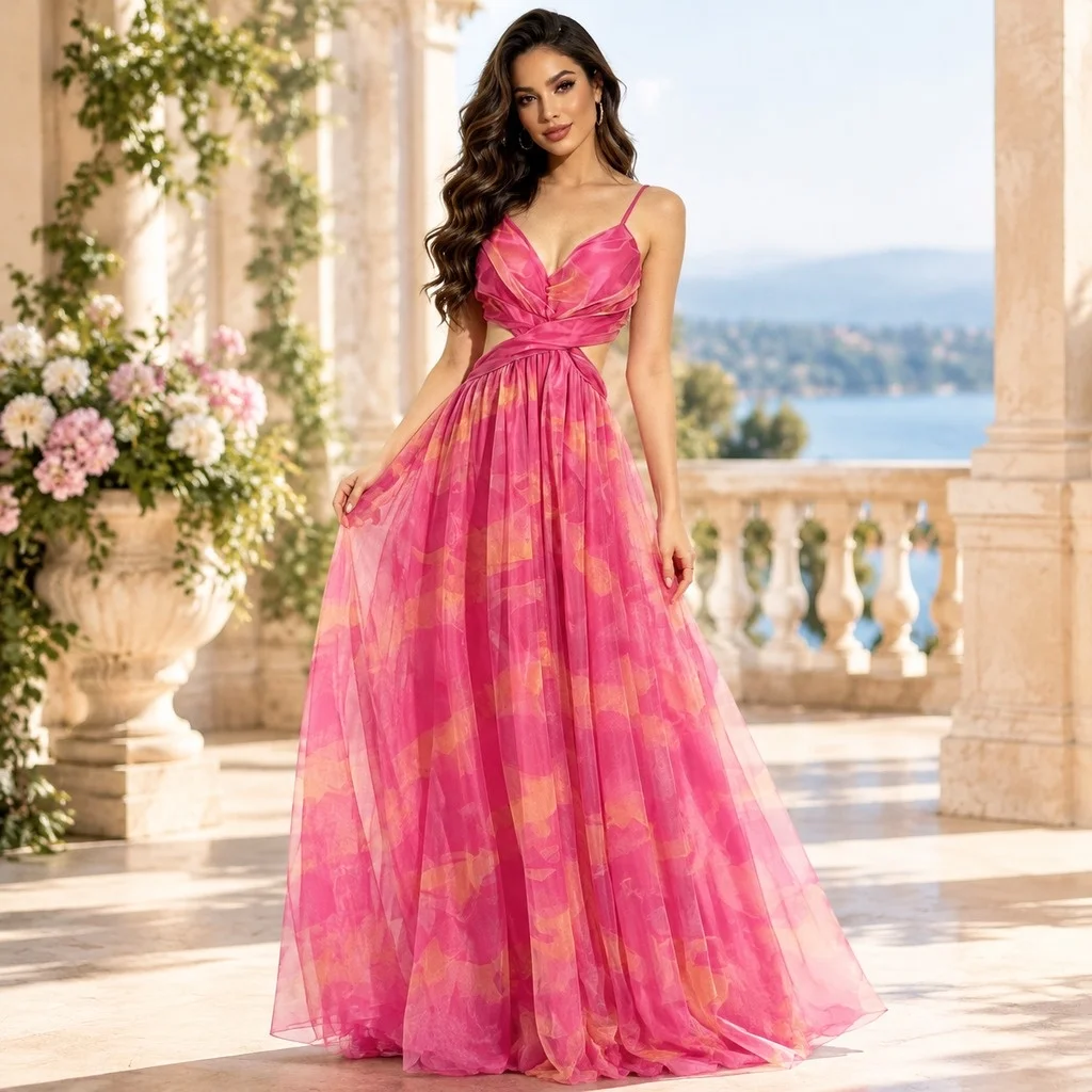 Sheer Netting Deep V Neck Dress Elegant Style with European and American Fantasy Stage Performance Dress Summer for Women