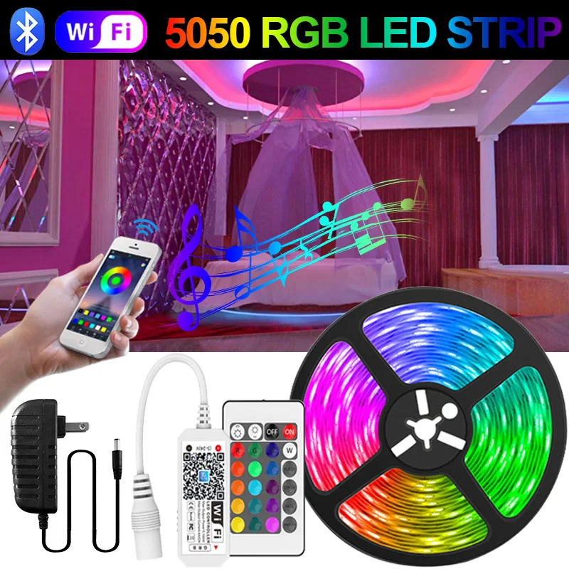 LED Strip Light 5050 RGB LED Lights APP Controller Music Sync Color Changing Luces Led DIY Flexible Lamp Tape Room Decor EU Plug