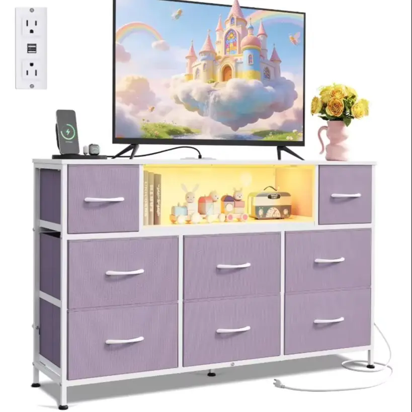 LED Dresser TV Stand for 55 Inch TV, 8 Drawers, Purple