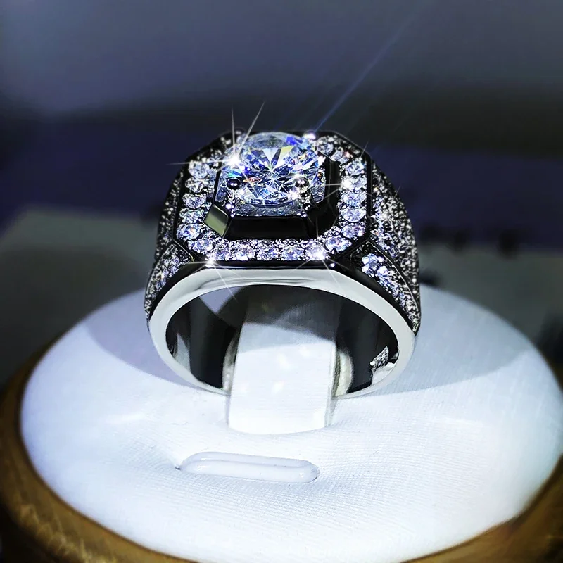 Luksusowa 925 Sterling Silver Men Couple AAA Crystal Zircon Stone Wedding Ring Brilliant Noble Engagement Engage Party Rings with 9 — zdjęcie 2
