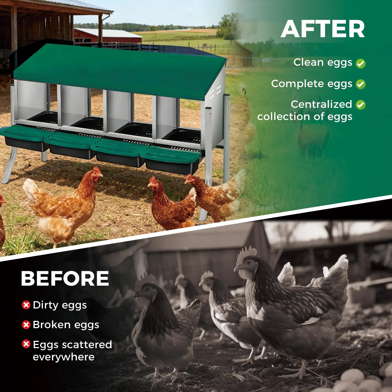 4 Compartment Galvanized Steel Chicken Nesting Box Roll Away Tray Hen Egg Laying Box Wall Mount Freestanding Poultry Nest Box with Bracket