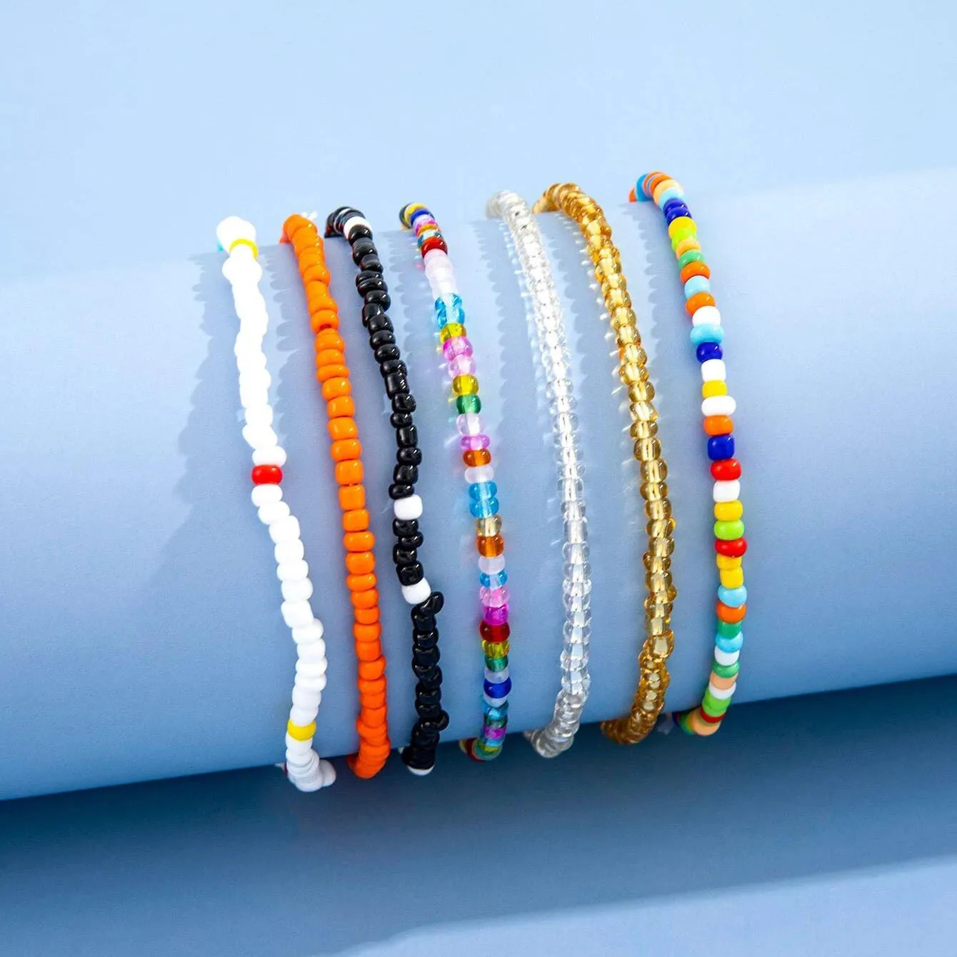 7pcs Handmade Beaded Anklet Bracelet Set, Summer Gift