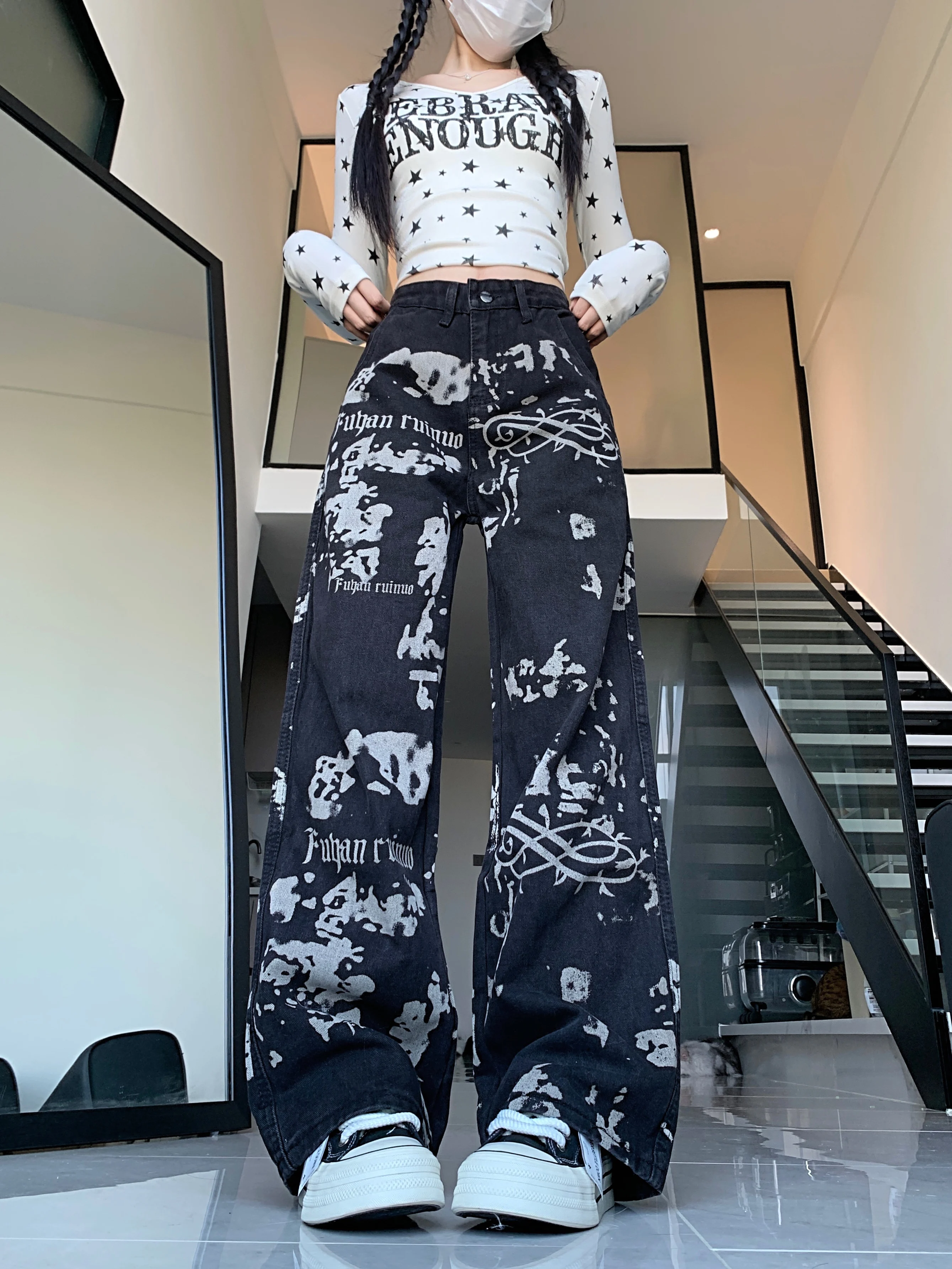 

Women's Letter Printing High-Waist Jeans 2025 Autumn Straight Wide-Leg Loose Pants American Hip-Hop Style Casual Jeans Trousers