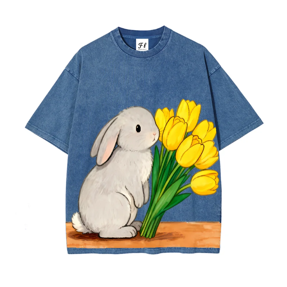 Cute Cartoon Rabbit With Yellow Tulips Printed Vintage Style Casual Loose Fit Short Sleeve T Shirt For Women And Men Fashion