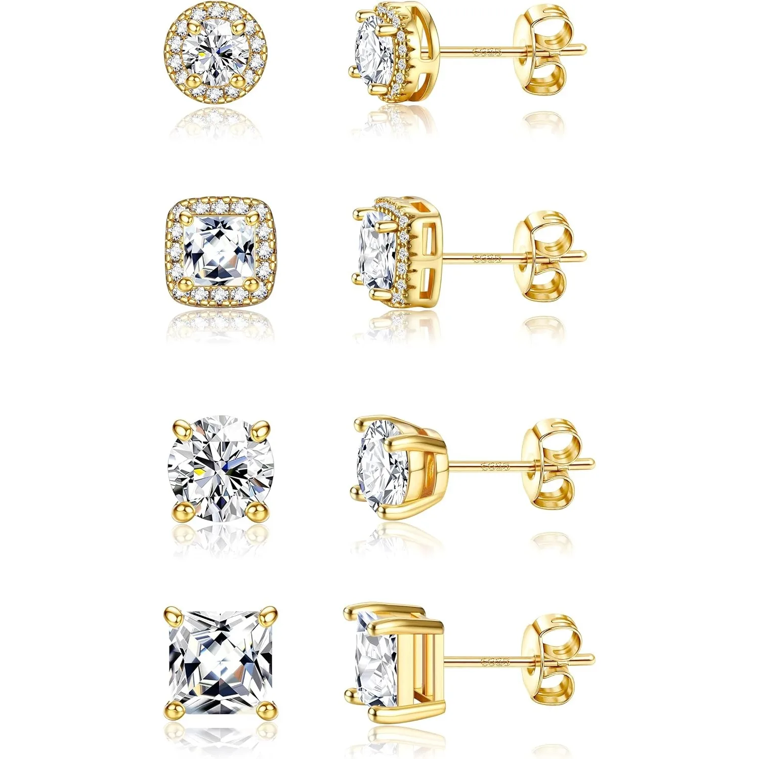 2/4 Pairs 18K Gold/Silver Plated S925 Sterling Silver Post Cubic Zirconia Stud Earrings for Women Men Hypoallergenic Simulated Diamond Halo Earring Minimalist Dainty Stackable Daily Wear Wedding Anniversary Party Birthday Gift Pierced Ear Jewelry