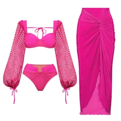 2024 Women Mesh Hollow Long-sleeved Net Yarn Splicing Swimsuit and Sarong Swimwear Summer  Bathing Suit 2 pc Bikini Set