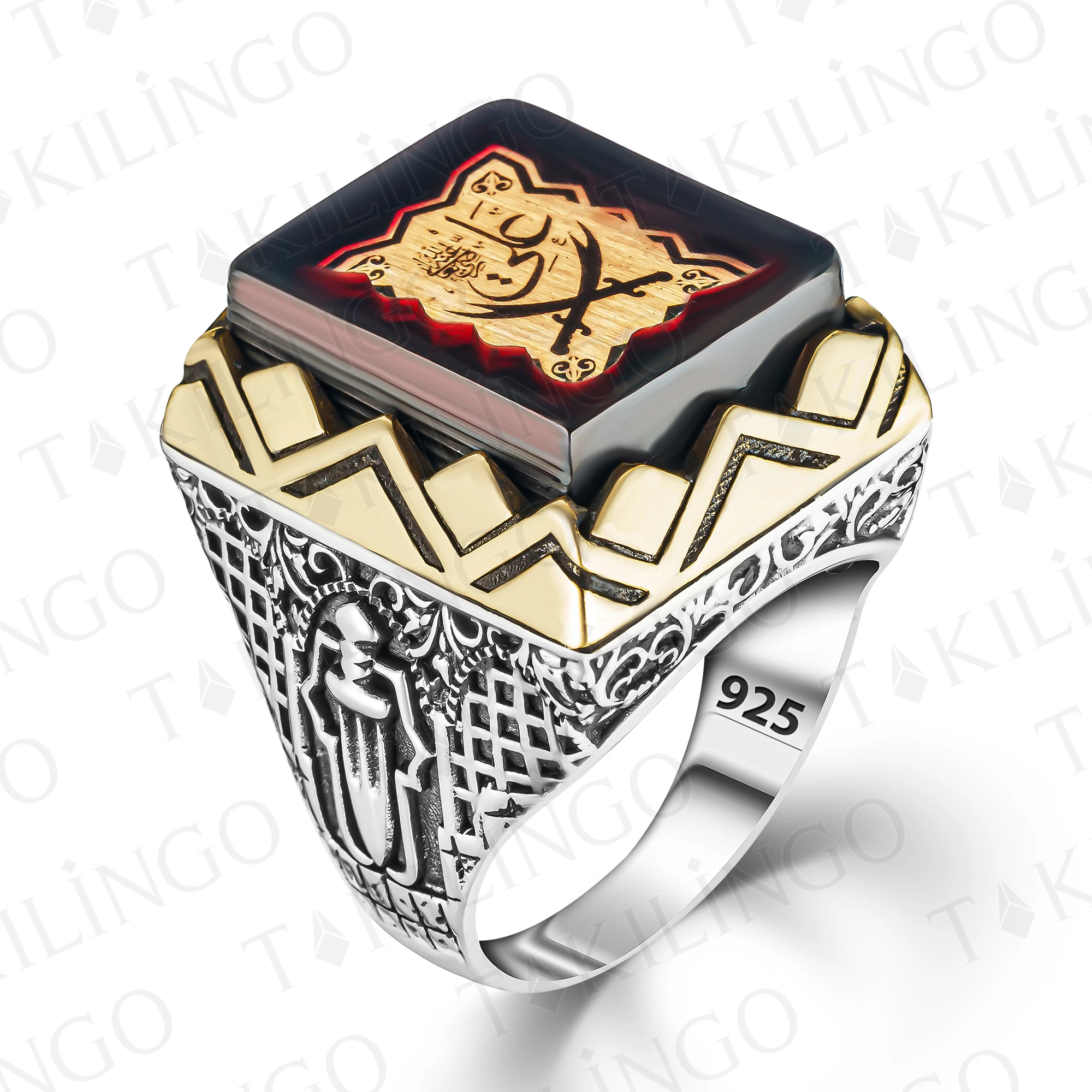 925K Sterling Silver On Amber Stone Zulfiqar Sword Imam Ali Men's Ring Turkish Handmade Knight's Ring