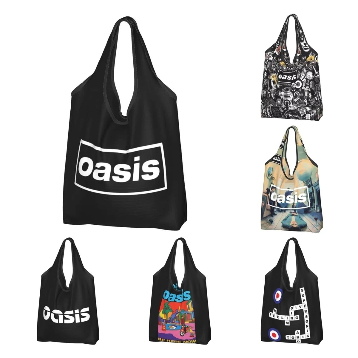 Reusable Rock Band Logo British Music Albums Shopping Bag for Groceries Foldable O-Oasis Grocery Bags Washable Large Tote Bags