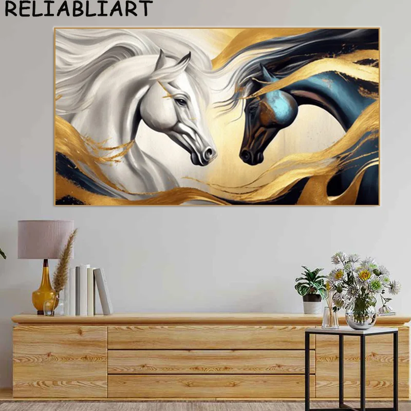 Abstract Golde Horse Animal Canvas Painting Wall Art Pictures Oil Painting Poster and Prints for Living Room Home Decor No Frame