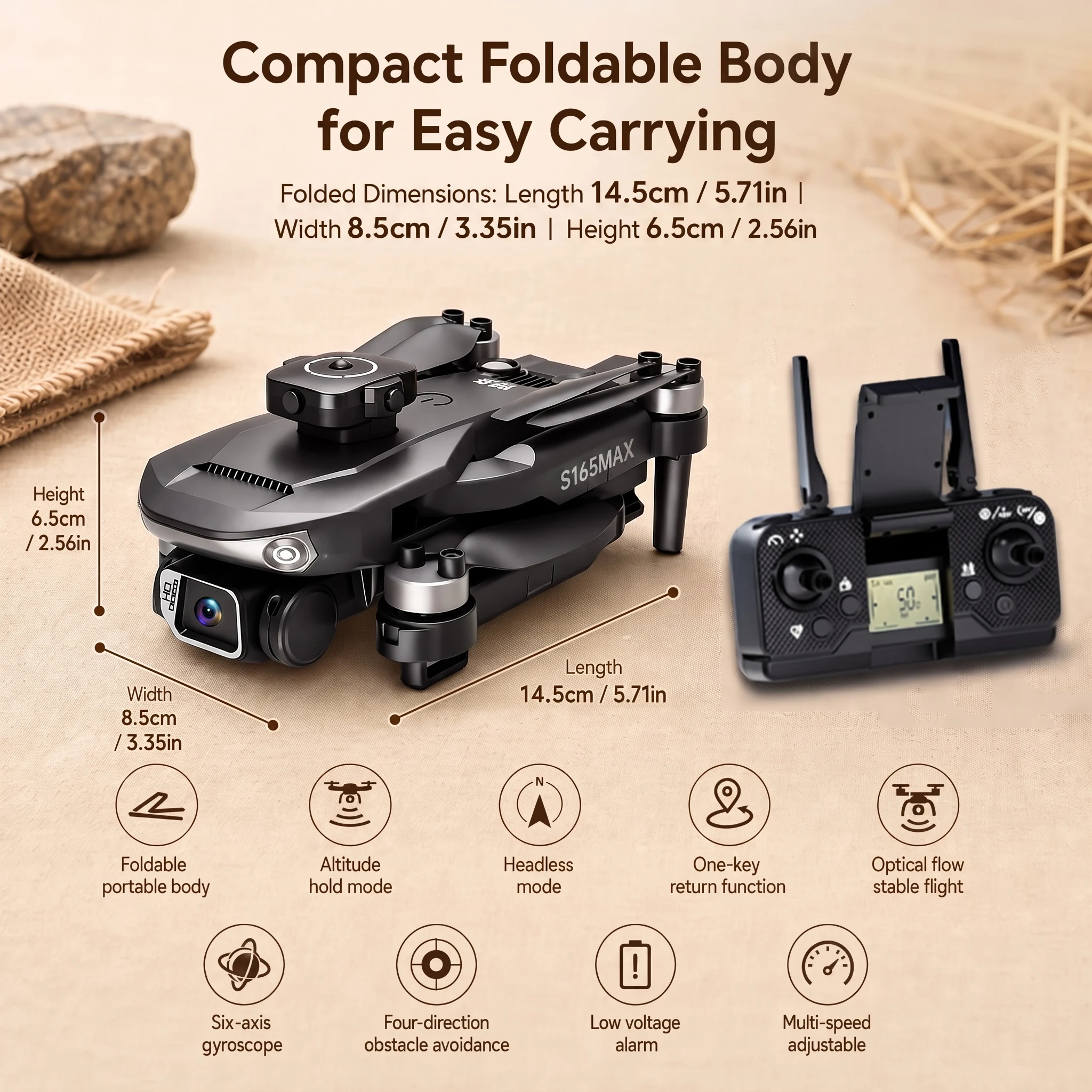 S165Max Foldable 4K Drone with Optical Flow, Headless Mode, One-Key Return, WiFi App, 360° Avoidance & Trajectory Flight.