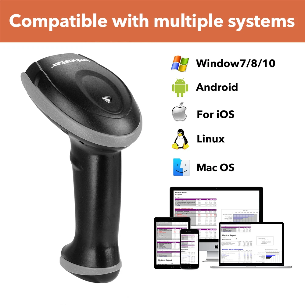Trohestar Wireless Barcode Scanner 2.4GHz1D 2D Bar Code Reader USB Scanners Charging Cradle leitor de codigo de barra 2D Scanner
