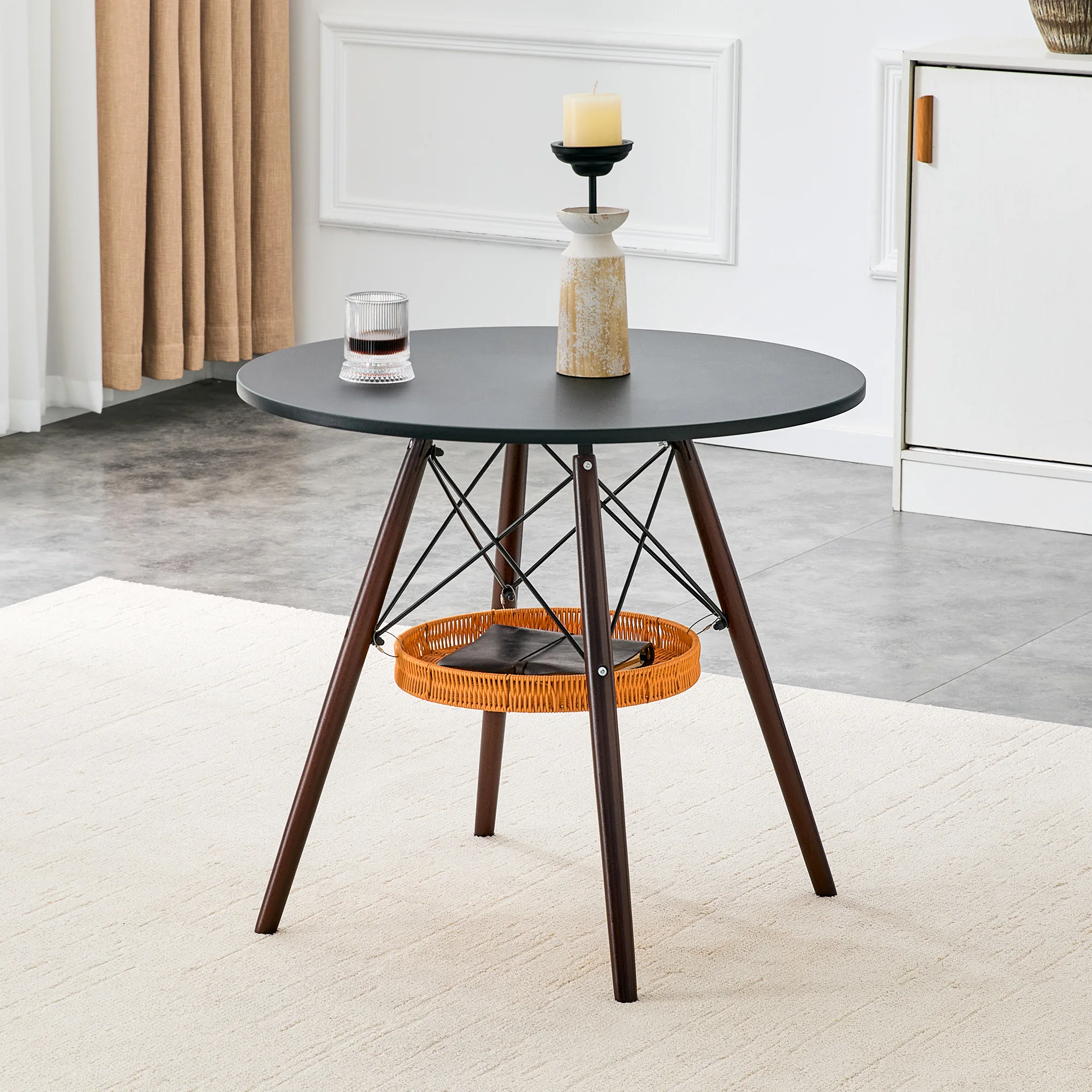 Esstisch, Runder Küchentisch, Beistelltisch, 80cm Runder Tisch mit Schwarzer MDF-Platte & Nussbaum-Massivholzbeinen, Schwebende Geflochtene Aufbewahrungshöhle, Modernes Stilvolles Möbelstück für