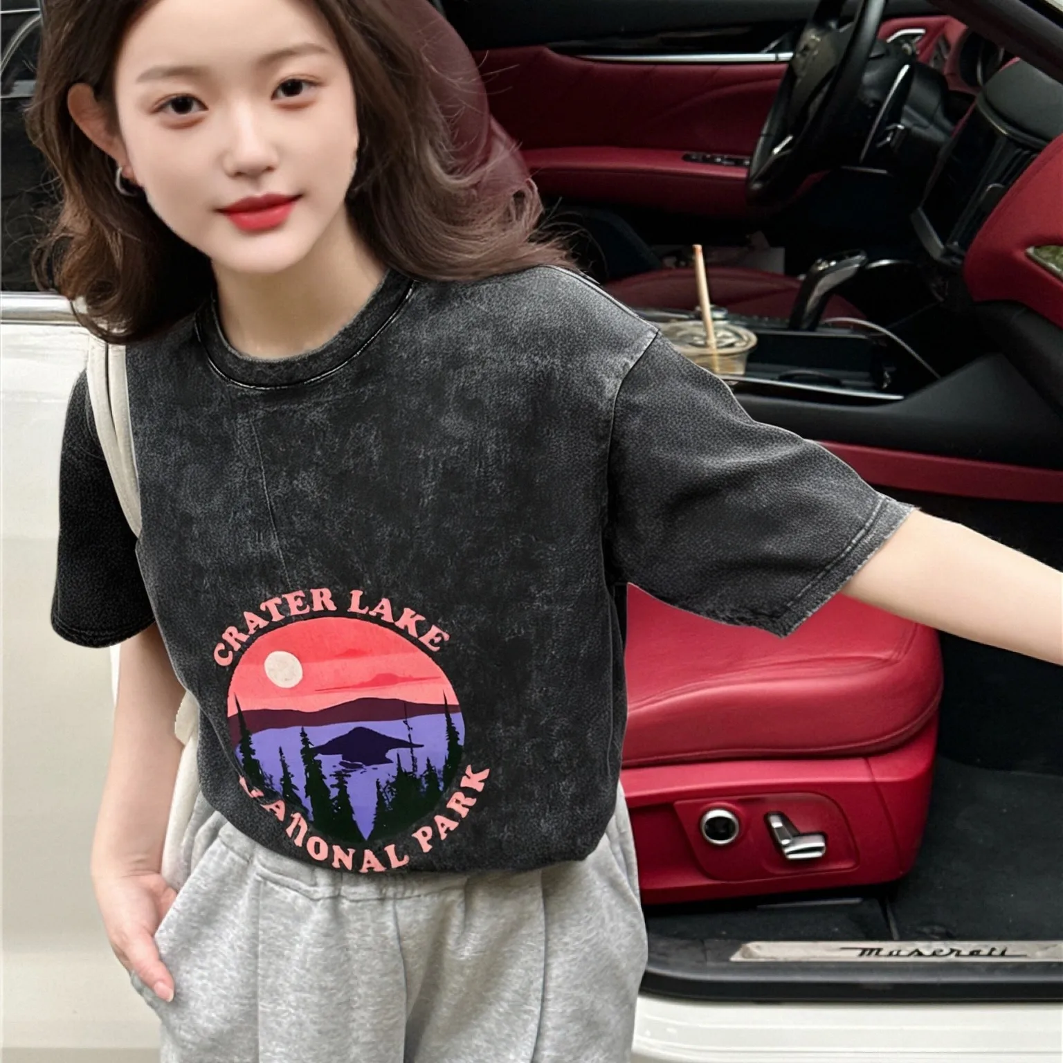 

Crater Lake Tee Distressed Wash Fabric Scenic National Park Graphic Casual Loose Short Sleeved Nature Inspired Comfortable Top