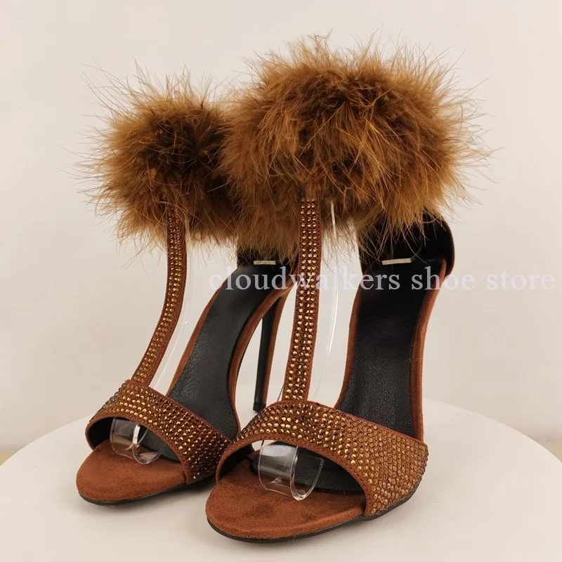 Chestnut Brown Suede T-Strap Hot Diamond Design Sandal Sexy Fur Ankle Strap Peep Toe Stiletto Sandal Festival Banquet Dress Shoe