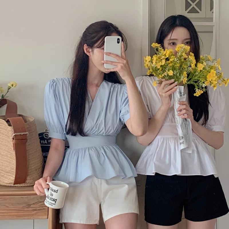 

Korean Style Slim Fit Puff V-Neck Wrap Summer Short Sleeve Blouse