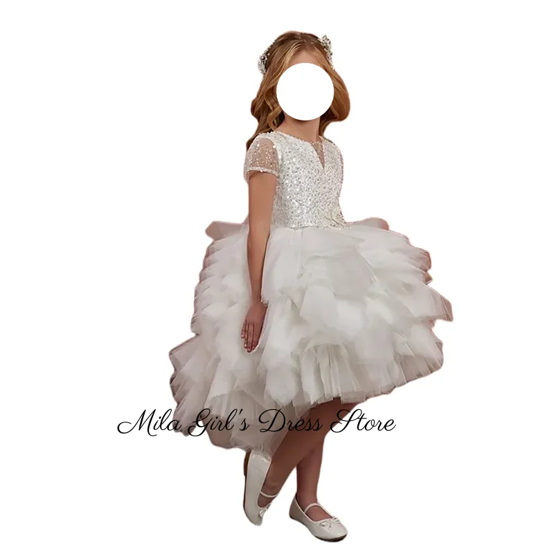 Sequin Short Sleeve Flower Girl Dresses For Wedding Birthday Party Tulle Tiered White First Communion Ball Gowns Customized