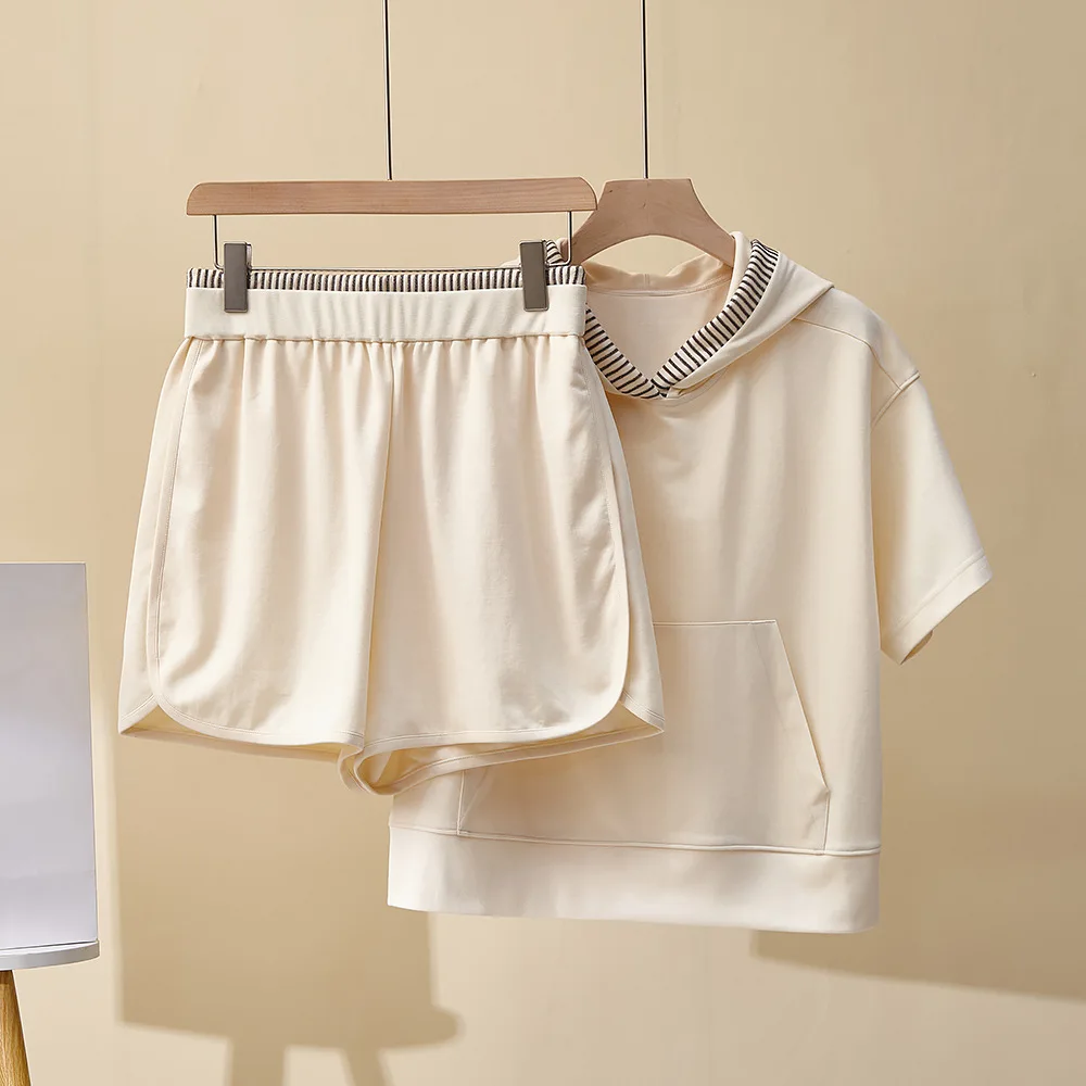 

Women's Summer New Fashion suit Loose Chain Hooded Top Casual Shorts Cotton Sweat Two-piece Set
