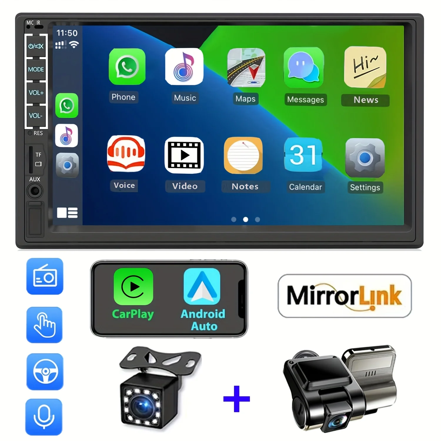 

7-дюймовый HD сенсорный автомобильный мультимедийный центр 2 DIN с CarPlay, Android Auto, видеоплеером, видеорегистратором, камерой заднего вида, Bluetooth, USB, TF