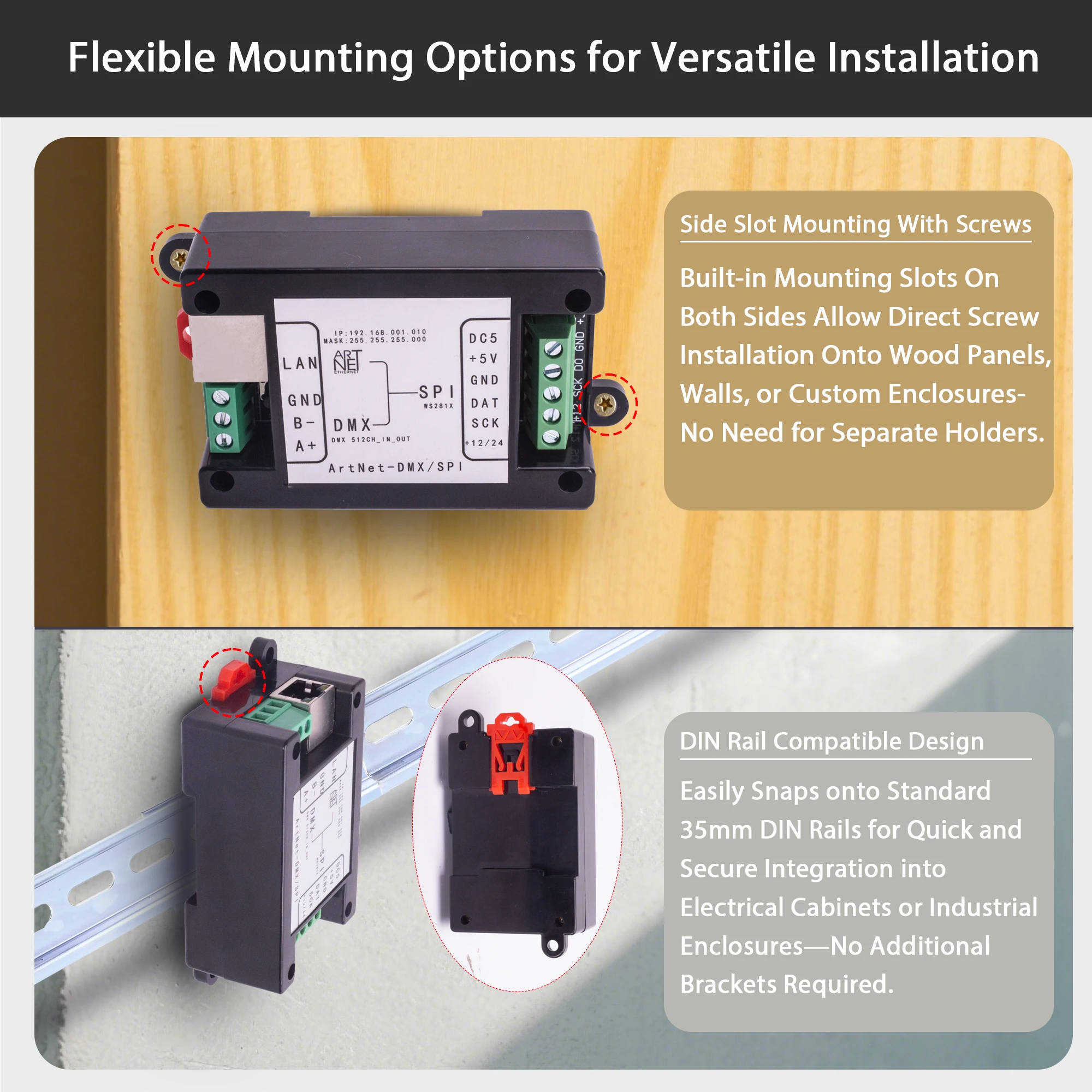 Controlador LED Pknight Art-Net para DMX/SPI, firmware WLED, web configurável, suporta 512 canais DMX ou 2048 SPI