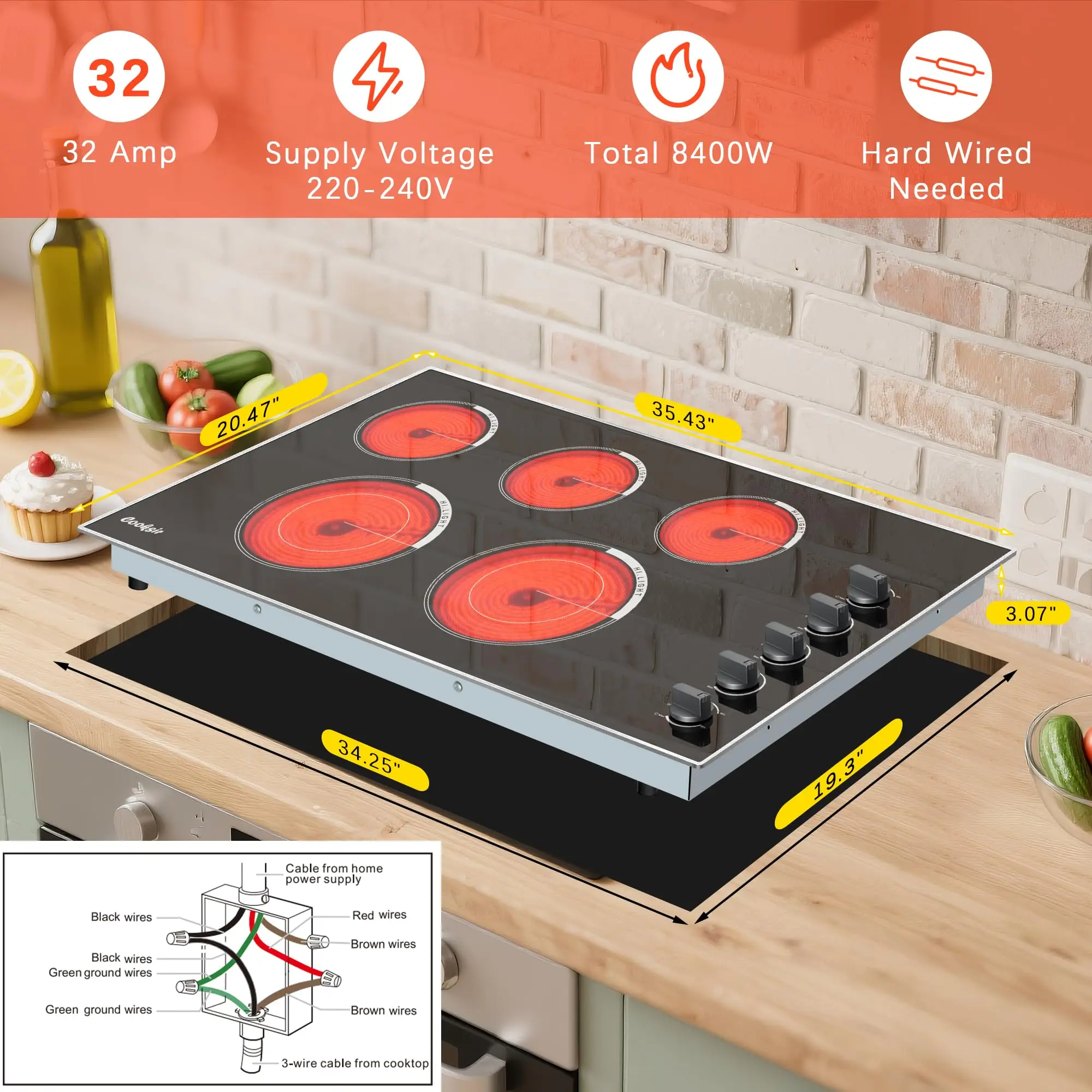 موقد كهربائي 36 بوصة - موقد كهربائي 5 شعلات مع طاقة عالية 8400 وات، تحكم في المقبض، سلكي صلب 220-240 فولت