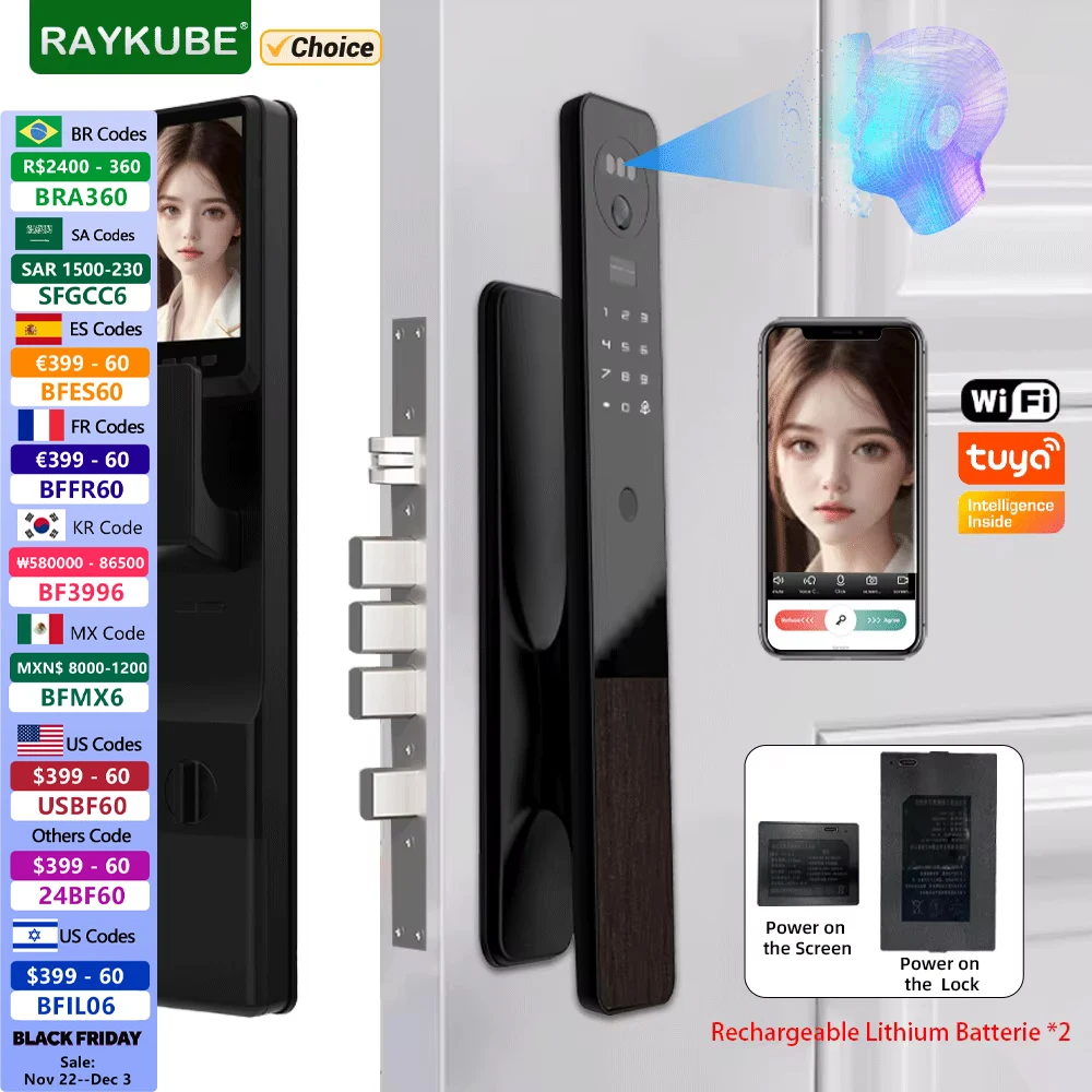 RAYKUBE MO Tuya WiFi 3D Face Recognition Digital Door Lock With 2*rechargeable batteries Wifi Camera Video Call Tuya APP Unlock