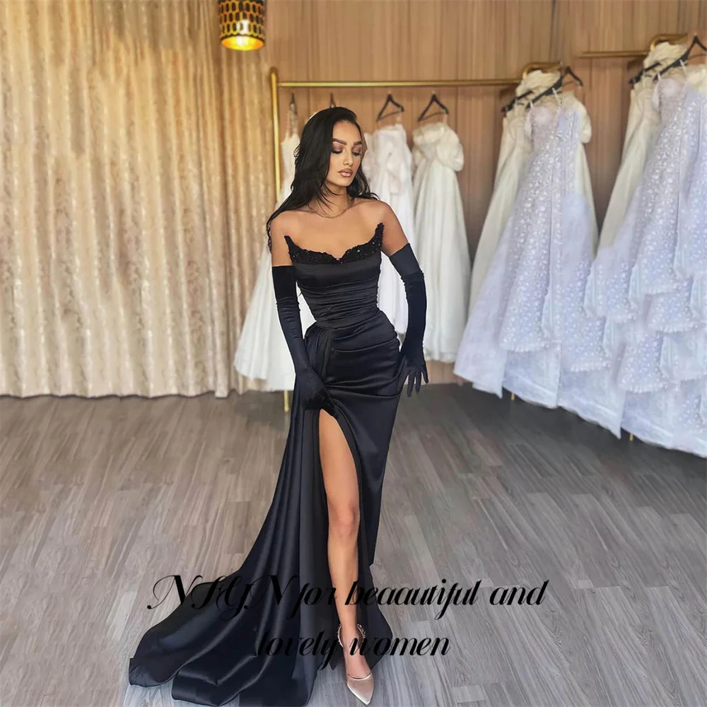 

NFYN Stain Black Prom Dresses Sequin Sweetheart Mermaid Evening Dresses Sexy Side Split Sleeveless Party Dresses Customized