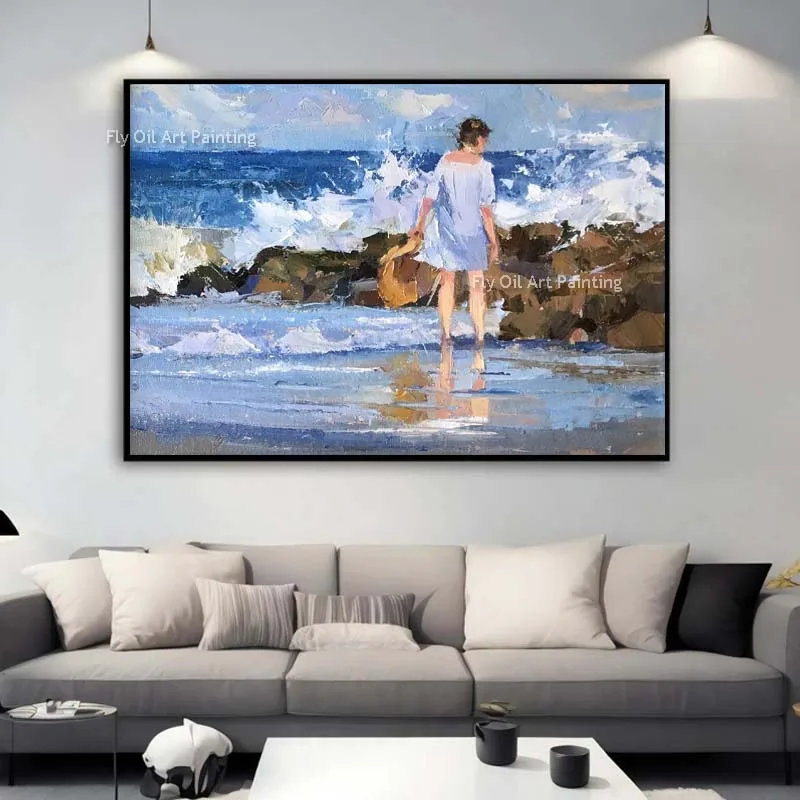 

Modern Summer Seascape Oil Painting Children Playing At The Beach Hand Painted Canvas Wall Art Decor Romantic Figure Artwork