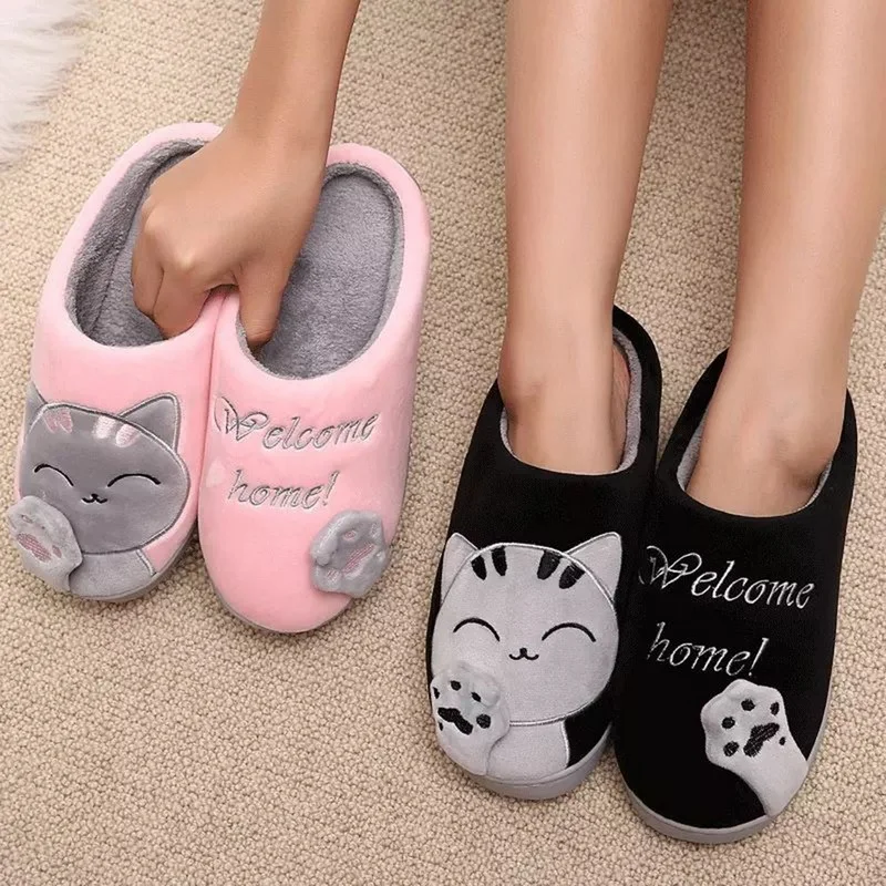 Winter Plush Flat Slippers Warm Cute Cartoon Embroidered Round Toe Flats Indoor Women\'s Bedroom Shoes Zapatillas Casa Mujer