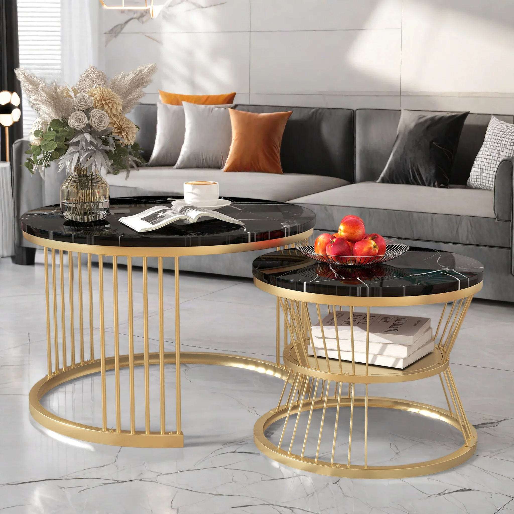 Anajqaqia, set di tavolini da caffè rotondi impilabili, 70×45,5 cm / 45×40 cm, tavolino da caffè modulare, set di tavolini da caffè impilabili, tavolino da caffè multifunzionale, tavolino laterale per
