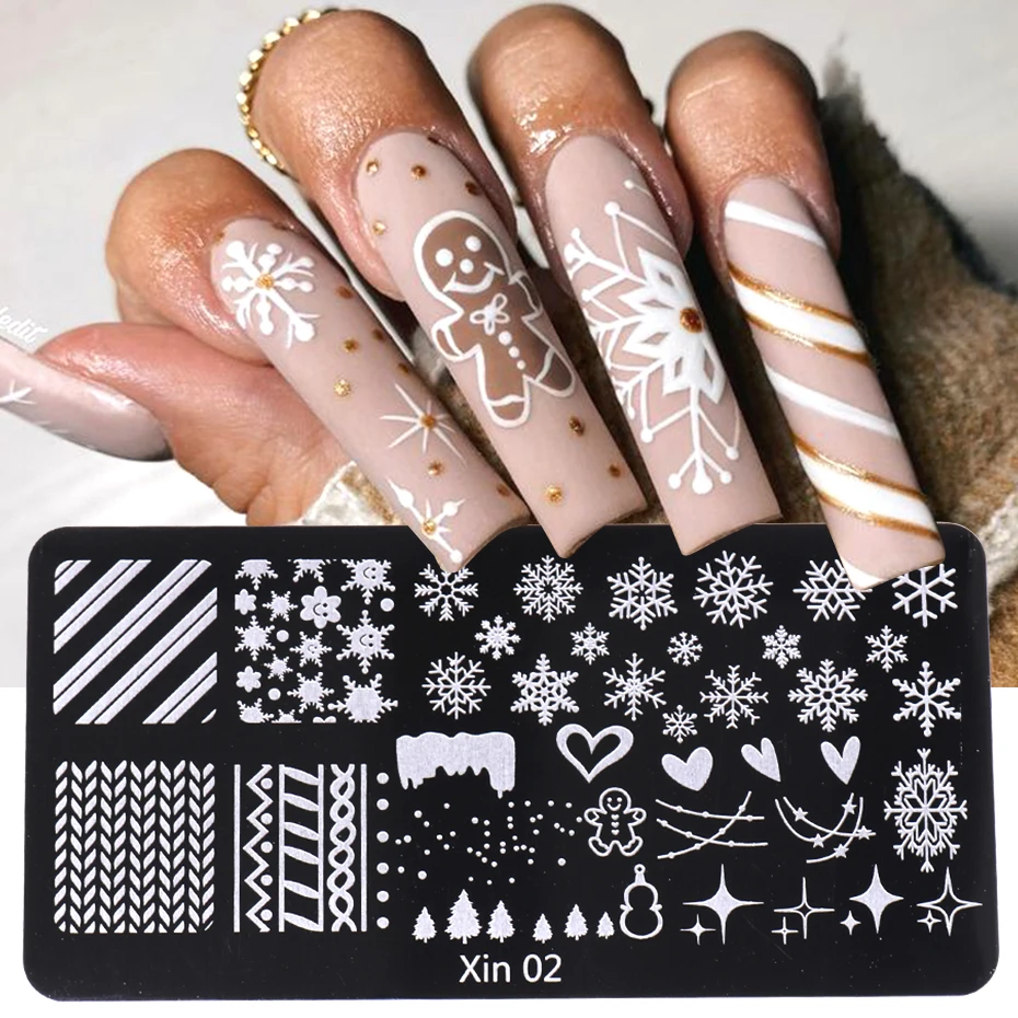 Festive Christmas Nails Stamping Plate Set Winter Snowflake Cartoon Gingerbread Sweater Image Print Template Manicure Mold Tools