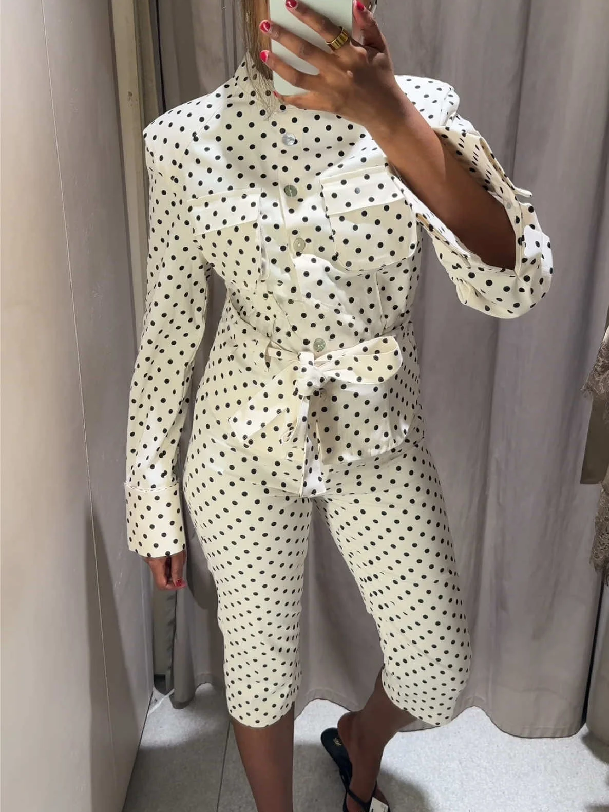 Elegant Polka Dot Two Piece Pant Sets Women Summer Long Sleeve Button Jacket Top Straight Pants Suit Slim Matching Outfits