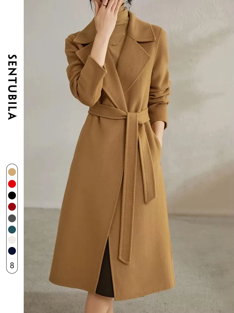 

SENTUBILA Women 100% Wool Long Coat 2024 Elegant Notched Belted Straight-cut Warm Double Faced Woolen Winter Overcoat W24O43352