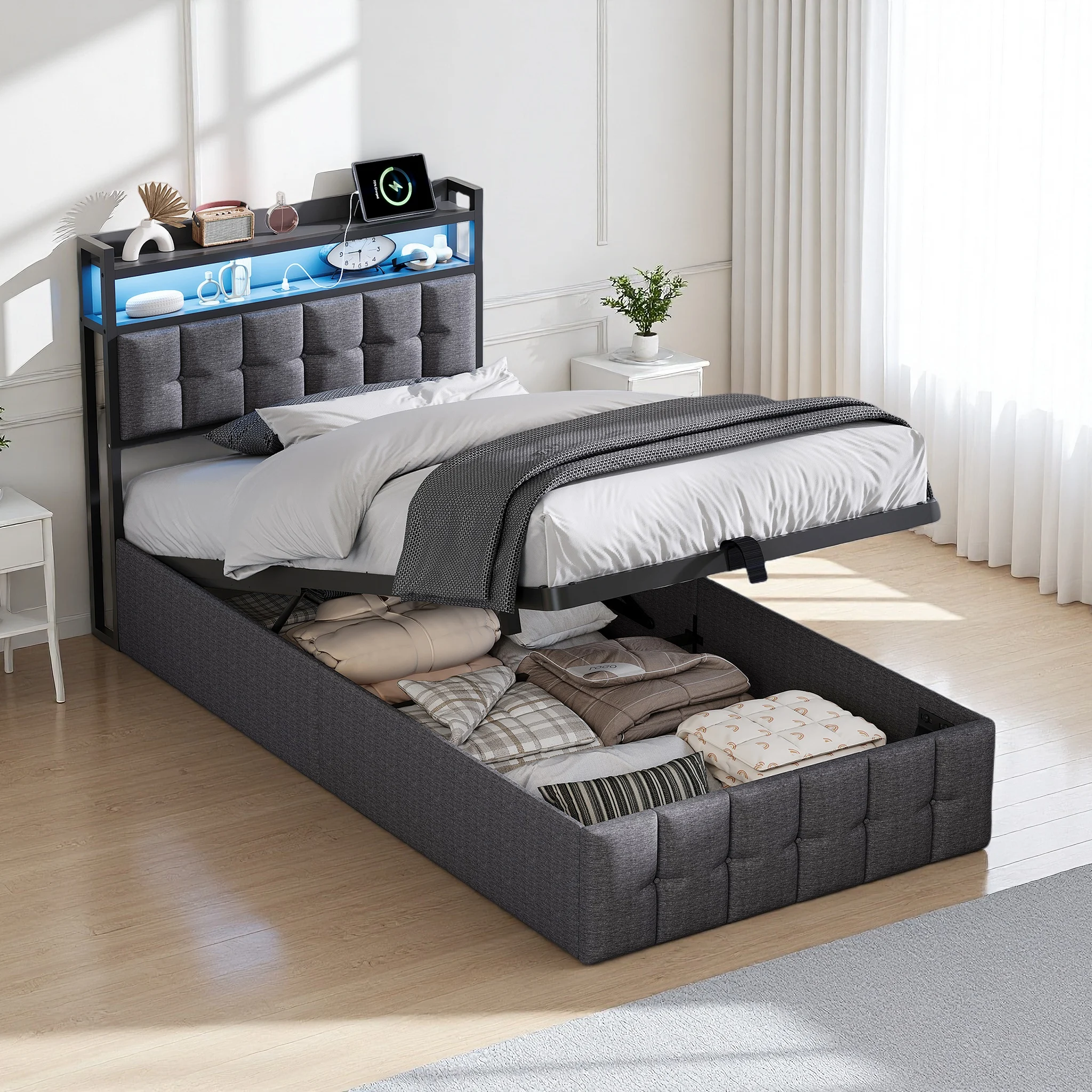 Creahappy, Letto Singolo 90 X 200 cm, Letto con Contenitore, Letto Idraulico, Letto Imbottito, Struttura Letto per Camere Piccole, Letto per Camera de