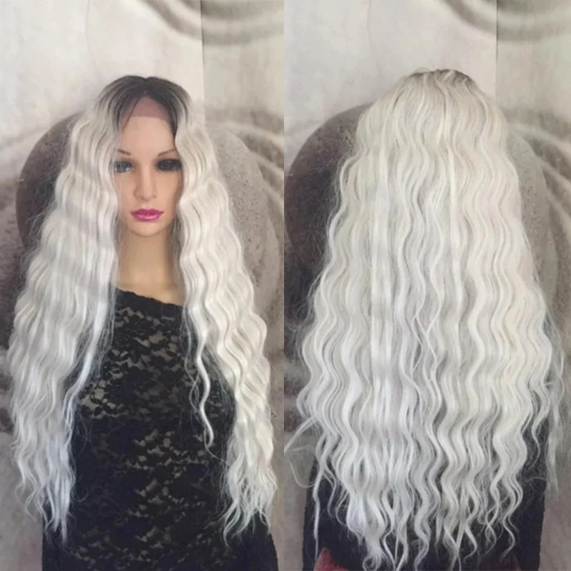 

Halloween Wig Silver White Brown Roots Lace Front Wig Long Deep Wave Hair Heat Resistant Synthetic Wig Party Daily Use Women Wig